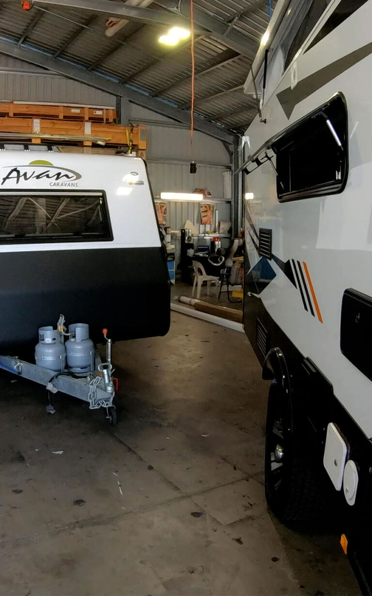 Inside the Searle’s RV Centre workshop in Bundaberg with caravans being serviced