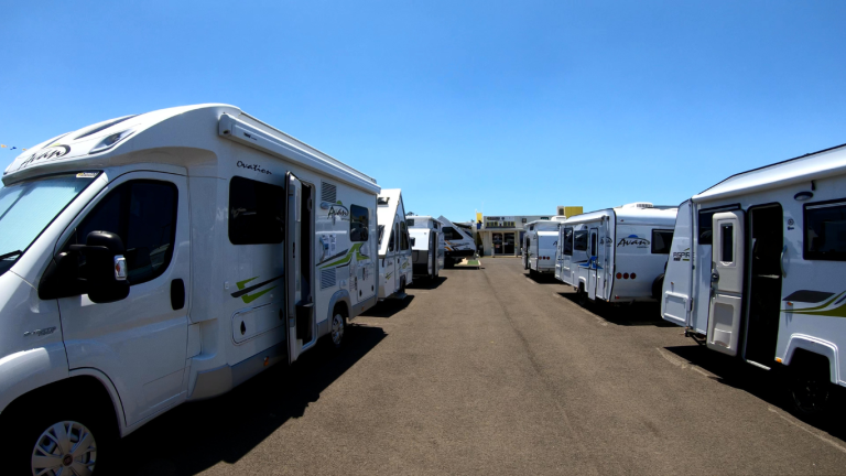 Caravans and motorhomes on display in the Searle’s RV Centre yard in Bundaberg