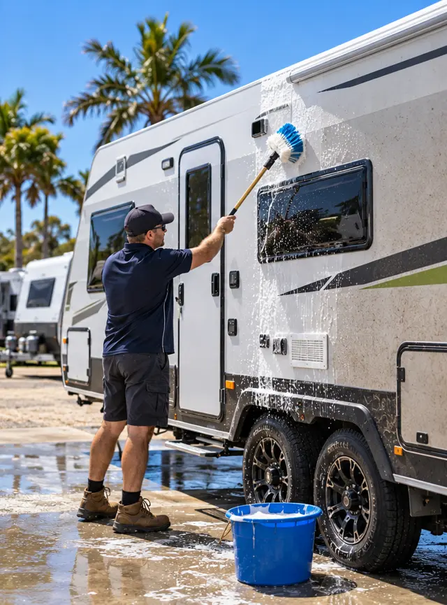 Searle’s RV Centre team member washing and detailing a caravan with a long-handled brush