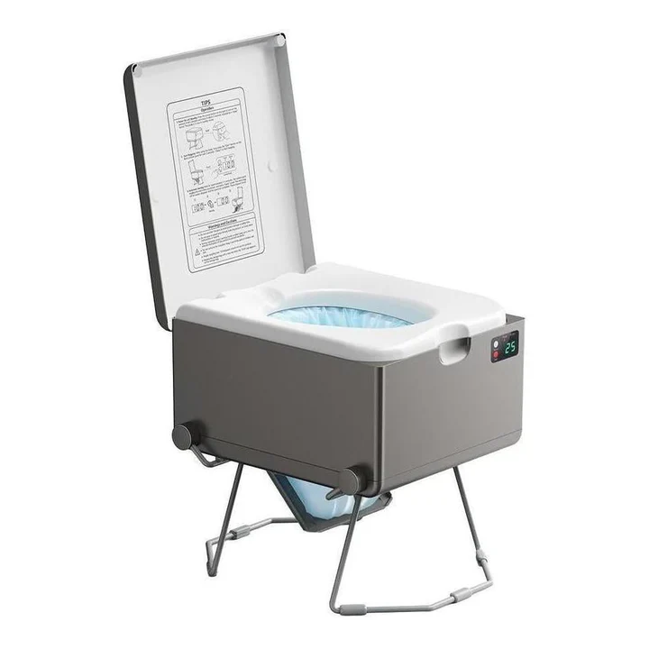 LooSeal EVO portable waterless toilet with lid open and folding legs