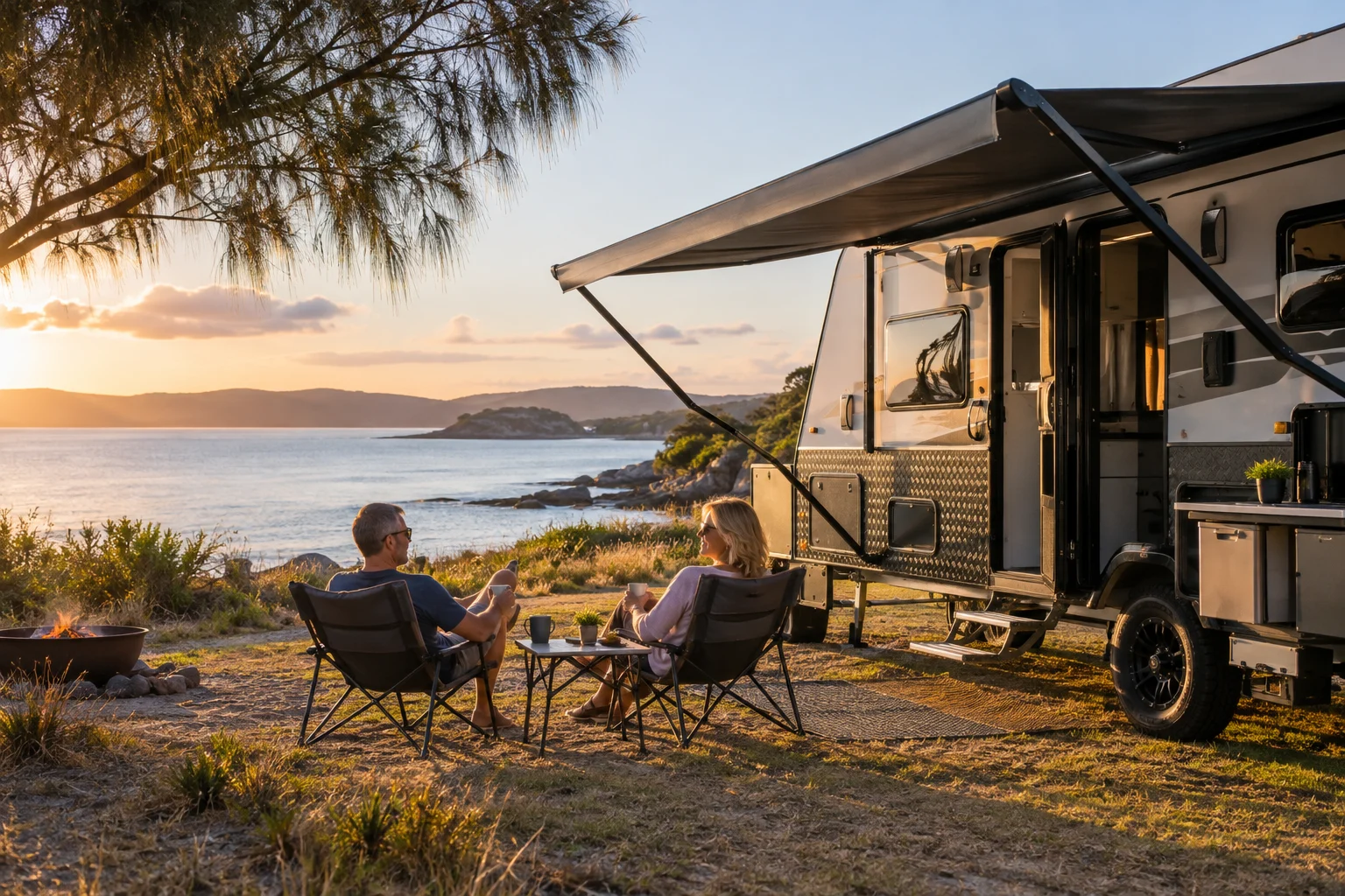 Couple relaxing at a beachside caravan camp at sunset Couple relaxing in camp chairs by the sea at sunset beside a caravan with the awning out