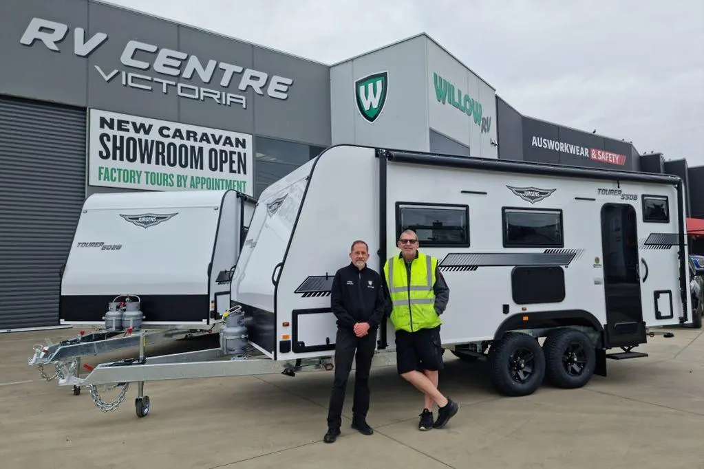 Jurgens Tourer 5508 and 6028 caravans outside the Willow RV showroom