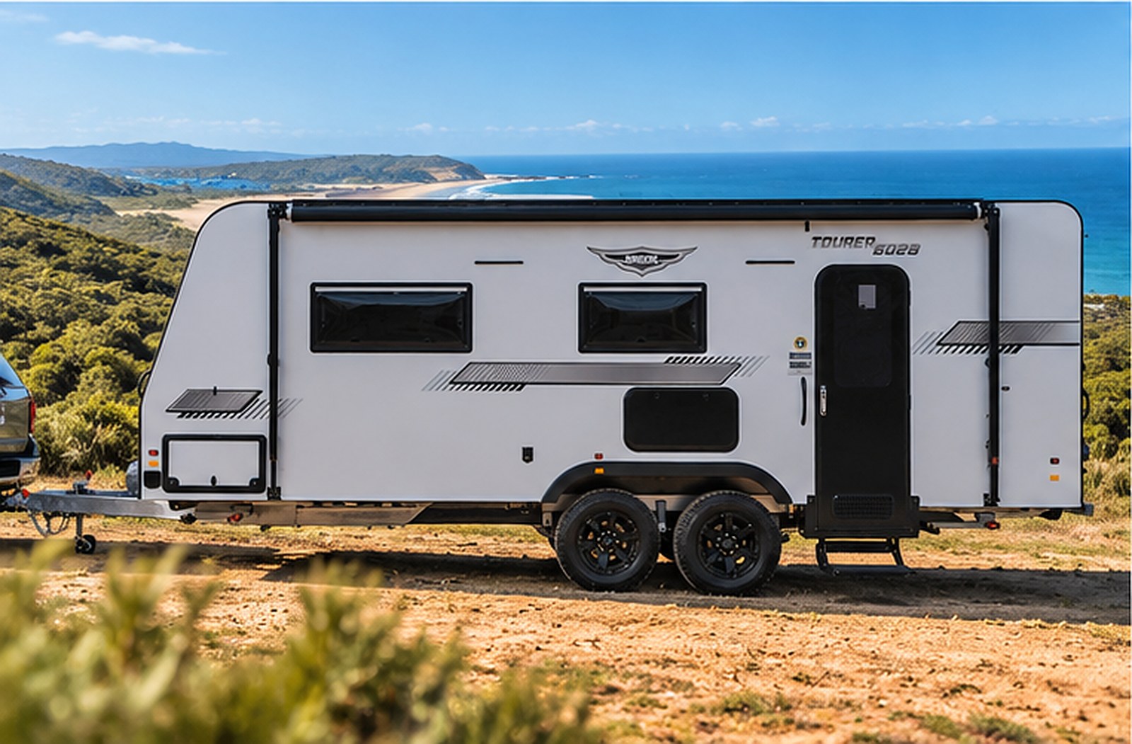 Jurgens Tourer 6028 caravan parked at a coastal lookout