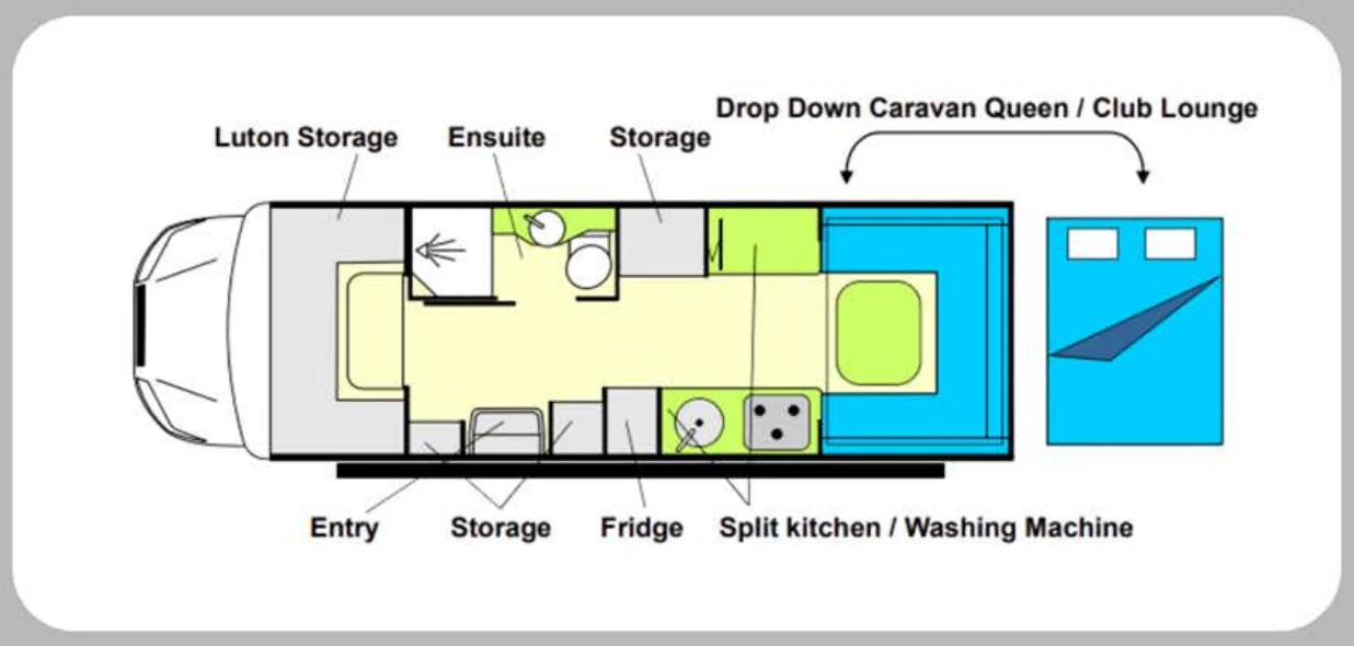 Willow RV Kauri 2501 floor plan Willow RV Kauri 2501 motorhome floor plan with rear drop-down bed and club lounge
