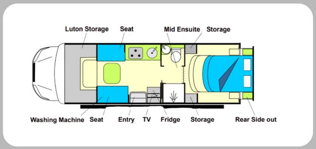 Willow RV Kauri 2502 floor plan Willow RV Kauri 2502 motorhome floor plan with rear slide-out queen bed