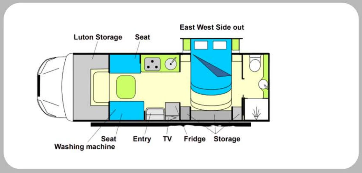 Willow RV Kauri 2504 floor plan Willow RV Kauri 2504 motorhome floor plan with east-west slide-out bed and rear ensuite