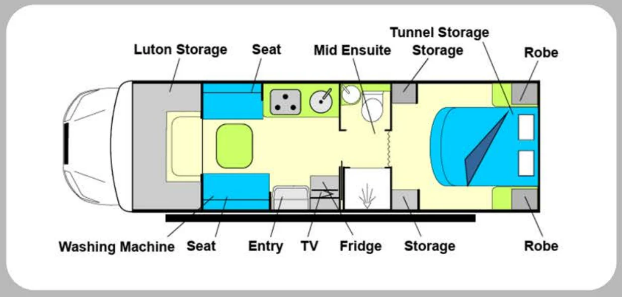 Willow RV Kauri 2702 floor plan Willow RV Kauri 2702 motorhome floor plan with rear bedroom and mid ensuite