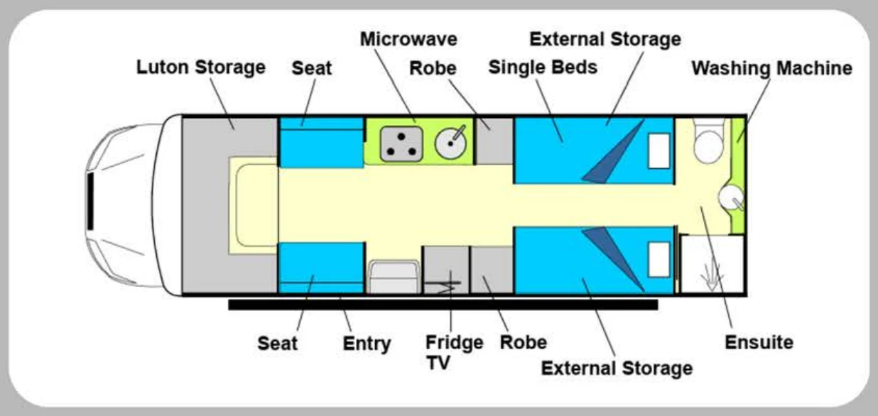 Willow RV Kauri 2705 floor plan Willow RV Kauri 2705 motorhome floor plan with single beds and rear ensuite
