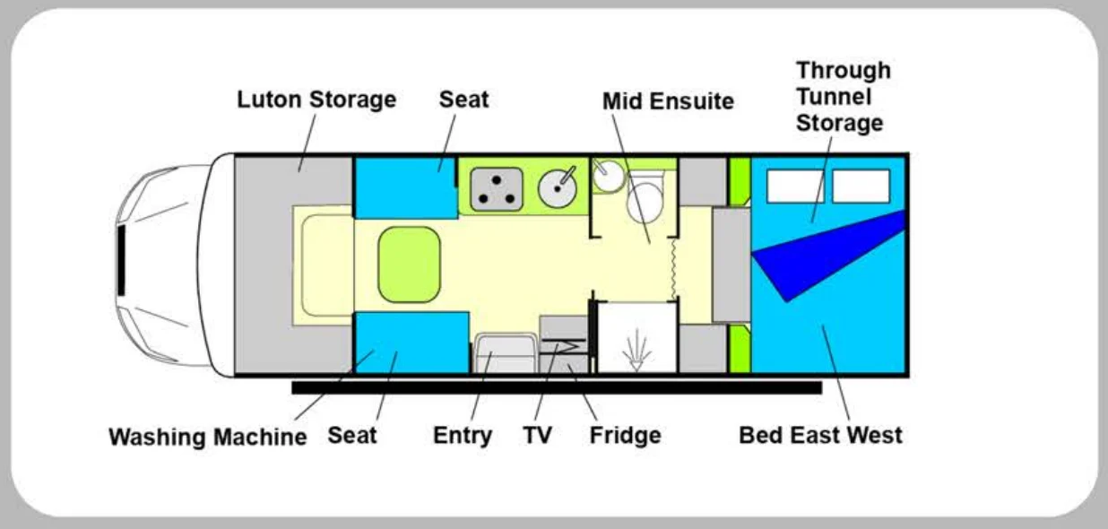 Willow RV Kauri 2712 floor plan Willow RV Kauri 2712 motorhome floor plan with east-west bed and tunnel boot storage