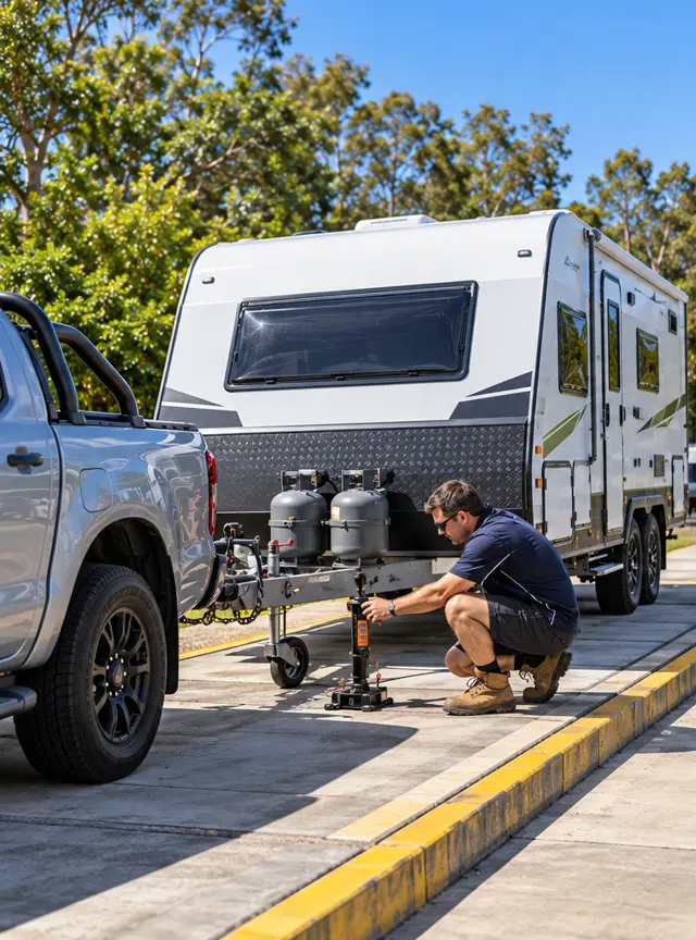 Searle’s RV Centre team member checking the tow ball weight of a caravan hitched to a ute