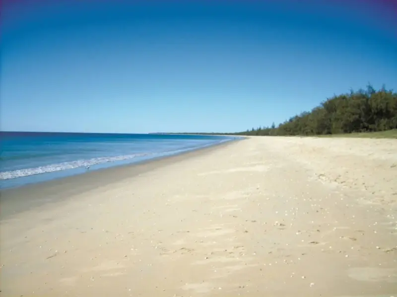 Long empty sandy beach at Woodgate with clear blue sky and the sea on the left